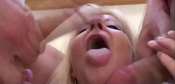  Boozed blonde grandma takes two big cocks from both ends